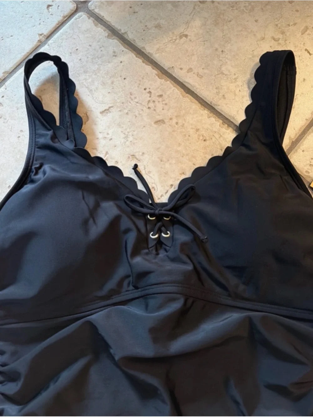 NWT Shade & Shore Black Scalloped One Piece Swimsuit Lace Up Size XL (16) Ruched